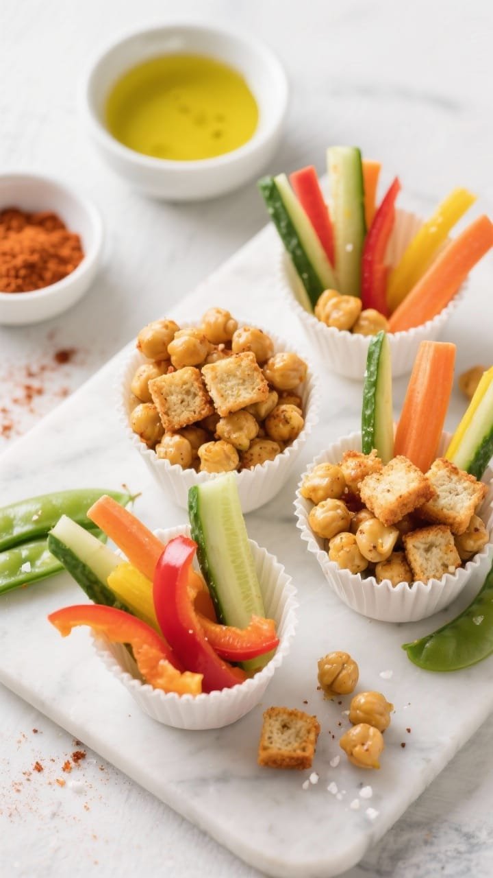 Overhead flat lay of crunchy roasted chickpea “croutons” in small snack cups with rainbow veggie dippers: golden roasted chickpeas seasoned with olive oil, fine sea salt, garlic powder, and smoked paprika spilling into mini paper cups; arranged with crisp carrot sticks, cucumber spears, red and yellow bell pepper strips, and snap peas as dippers; served on a light marble surface with a small pinch bowl of smoked paprika and a drizzle of olive oil nearby; bright, kid-friendly colors, crunchy textures emphasized, no people.