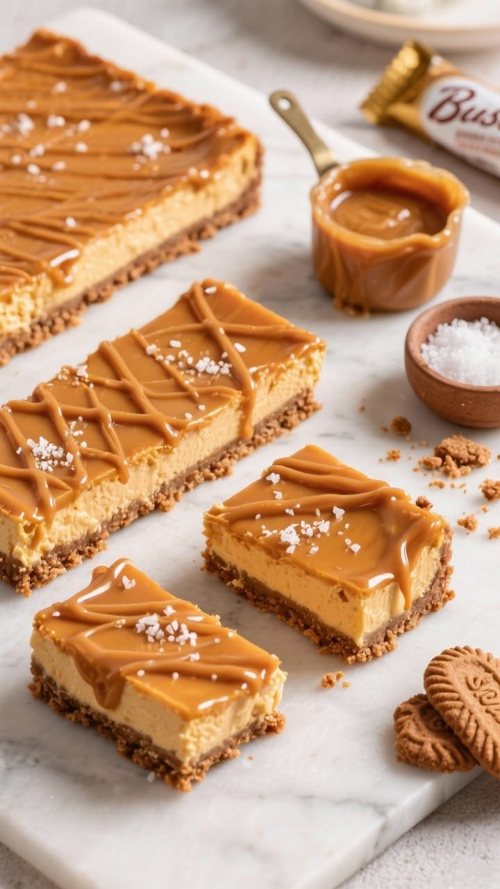Overhead flat lay of salted caramel pumpkin cheesecake bars on a Biscoff cookie crust. Glossy caramel drizzled in crosshatch, finished with flaky sea salt. Crust crumbs and a sleeve of Biscoff cookies shown to the side; a small pot of caramel and a pinch bowl of sea salt included. Clean cuts reveal creamy pumpkin layer, rich amber tones, high contrast and sharp detail.