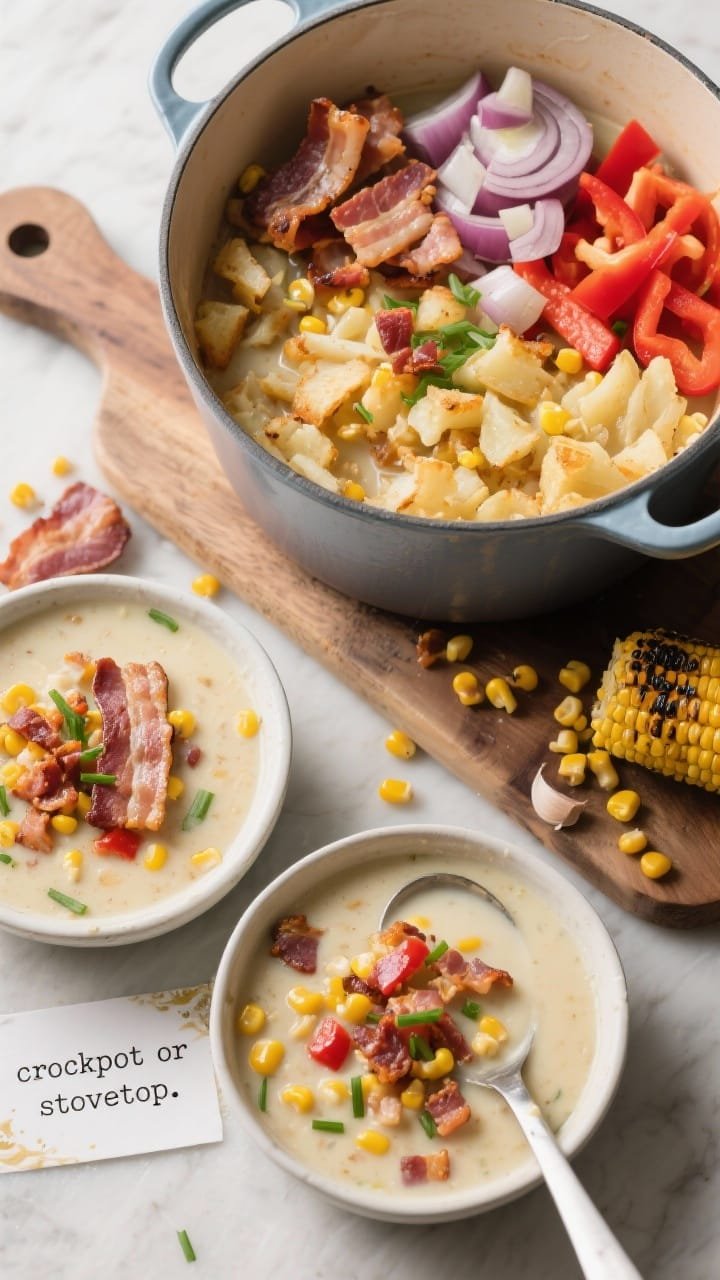 Overhead flat lay of smoky bacon, corn, and hashbrown chowder, presented in two bowls with extra in a Dutch oven. Visible ingredients: thick-cut bacon pieces, diced onion, red bell pepper, minced garlic, cubed hashbrowns, and sweet corn kernels (noted as frozen or canned, drained). Brothy-creamy chowder with a light smoky hue; garnished with crisp bacon bits and a sprinkle of chives. Optional note card indicating “crockpot or stovetop.” Charred corn kernels scattered on the board, bacon on a small plate, ladle with glossy chowder, bright pops of yellow corn and red pepper.