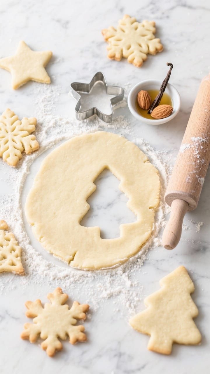Overhead flat lay of sugar cookie cutouts that don’t need chilling, arranged on a floured marble surface: stars, trees, and snowflakes holding crisp shape; show the rolled dough with clean edges, metal cutters, a rolling pin, and a small dish of vanilla and almond extract; some cookies baked pale golden, others raw; bright, clean daylight for a festive, precise look.