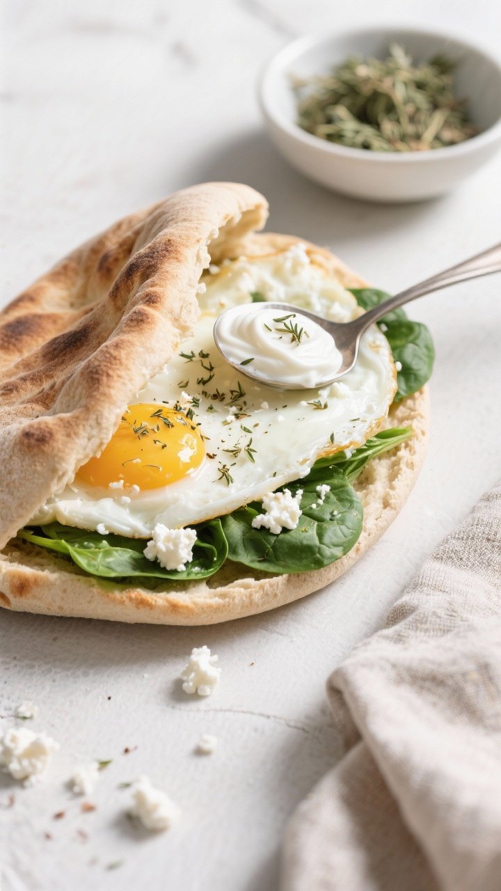 Overhead ingredient-to-assembly scene of a Greek yogurt egg white pita: warmed whole wheat pita opened like a pocket, fluffy egg whites folded with baby spinach, crumbled feta sprinkled on top, a spoonful swirl of Greek yogurt and a dusting of dried oregano, pinch of salt; minimal Mediterranean styling with a small bowl of oregano and a linen napkin, bright natural light.