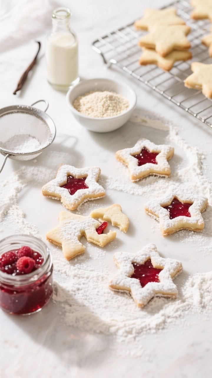 Overhead ingredient-to-final transition for Linzer Shortbread Stars: a floured surface with star-cut shortbread tops dusted with powdered sugar, almond flour in a small bowl, and a jar of raspberry jam; some assembled cookies show ruby jam peeking through cutouts, others mid-assembly; include a sieve with powdered sugar, vanilla extract bottle, and a cooling rack; bright, airy light to highlight delicate textures and festive shapes.