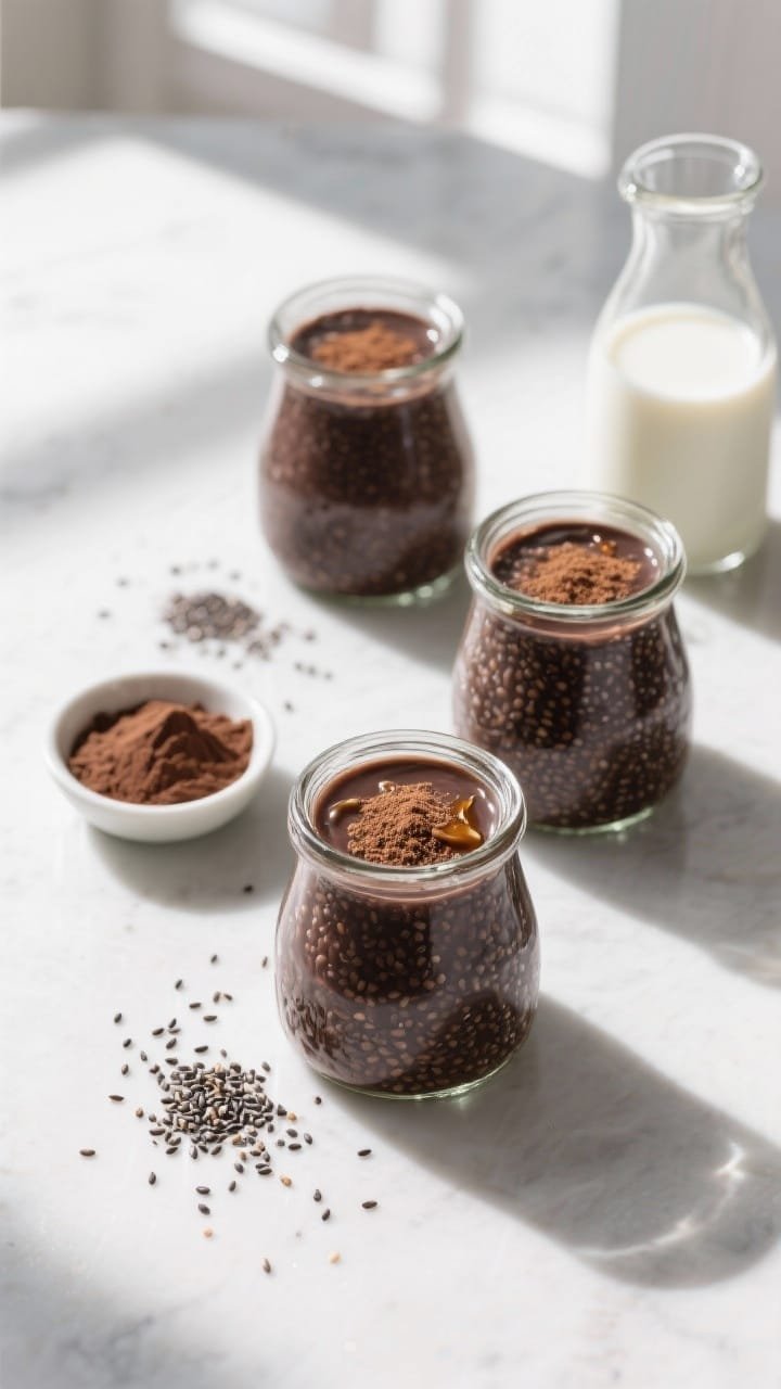 Overhead minimalist composition of dark chocolate chia pots in clear glass jars, showcasing the thick, glossy chia pudding with deep cocoa color, topped with a light dusting of instant espresso powder and a delicate drizzle of maple syrup; scattered chia seeds, a small bowl of unsweetened cocoa powder, and a carafe of milk (almond or oat) arranged neatly; cool, modern styling with soft window light to emphasize the pudding’s dense, silky texture.