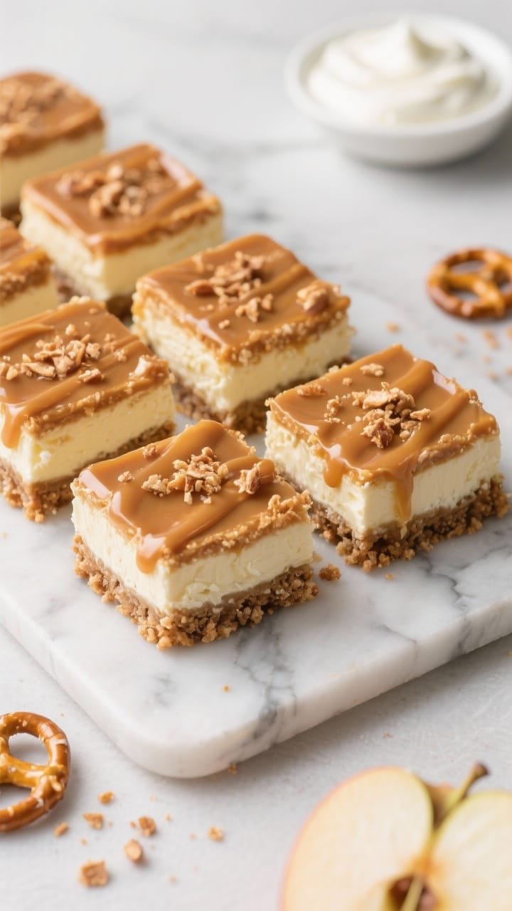 Overhead plated caramel apple cheesecake bars with pretzel crust: neat squares showing distinct layers—salty pretzel crumb base, creamy cheesecake center, thin apple layer or bits, glossy caramel drizzle on top; a sprinkle of crushed pretzel crumbs for texture; ingredients subtly arranged at frame edge—pretzel crumbs, cream cheese blocks, sour cream; clean, modern styling on a marble slab.