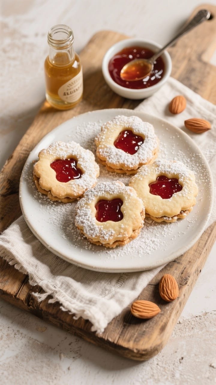 Overhead plated presentation of almond linzer thumbprints with jammy centers: buttery almond cookies dusted with powdered sugar, deep ruby jam filling gleaming; include a small bottle of almond extract, a bowl of jam with a tiny spoon, and a few whole almonds; arranged on a linen napkin over a rustic wooden board; soft, diffused light for delicate crumb and jewel-toned centers.