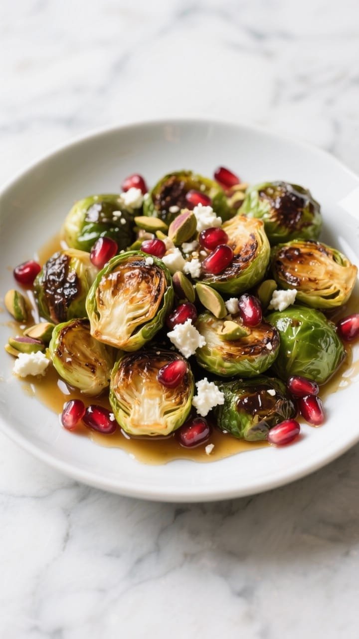 Overhead plated presentation of pomegranate-honey Brussels sprouts: halved sprouts roasted until charred and emerald-caramel at the edges, tossed with olive oil, kosher salt, black pepper, warm honey, and a touch of balsamic vinegar; finished with ruby pomegranate arils, crumbled feta, and chopped pistachios. Served in a wide white bowl on a marble surface, sticky glaze pooling slightly, vibrant color contrast, festive and bright.