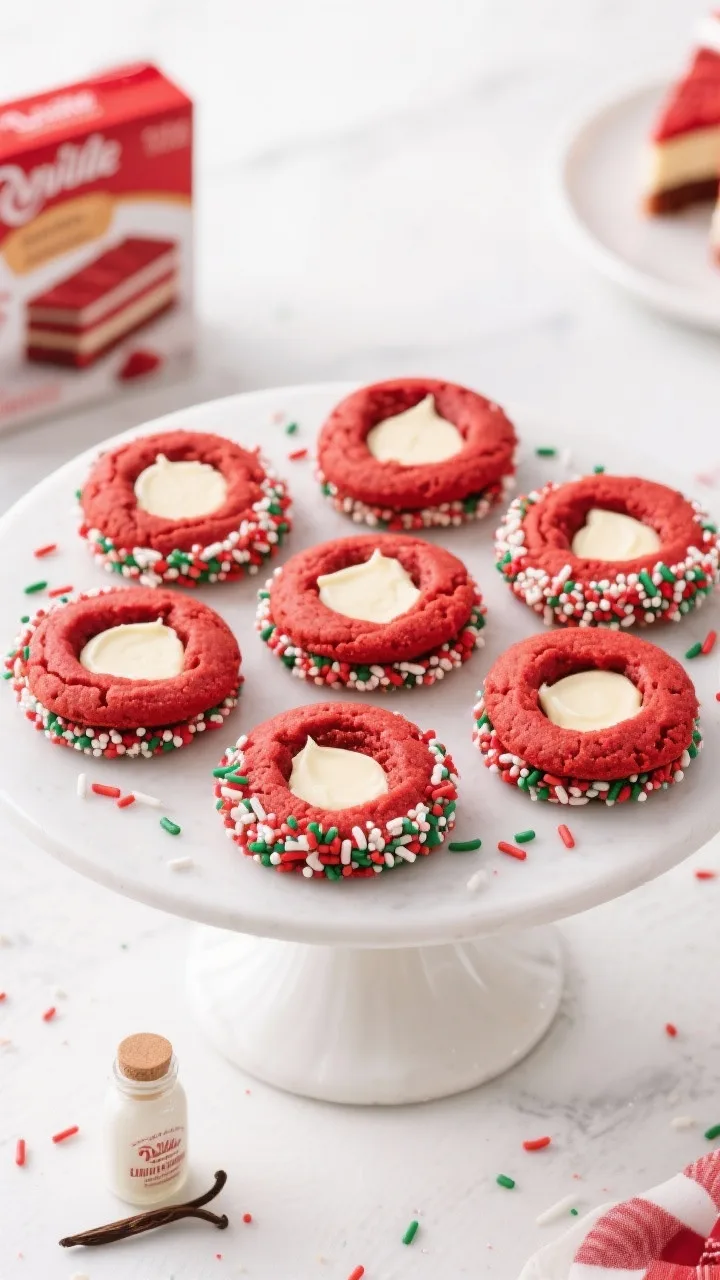 Overhead plated presentation of Red Velvet Cheesecake Thumbprints: vibrant red cookies with deep thumbprint wells filled with creamy cheesecake centers, edges rolled in holiday sprinkles for a festive rim. Arrange on a white cake stand with scattered sprinkles on the surface, a small bottle of vanilla, and the red velvet cake mix box partially visible. Clean, bright lighting to highlight the red crumb and silky filling.
