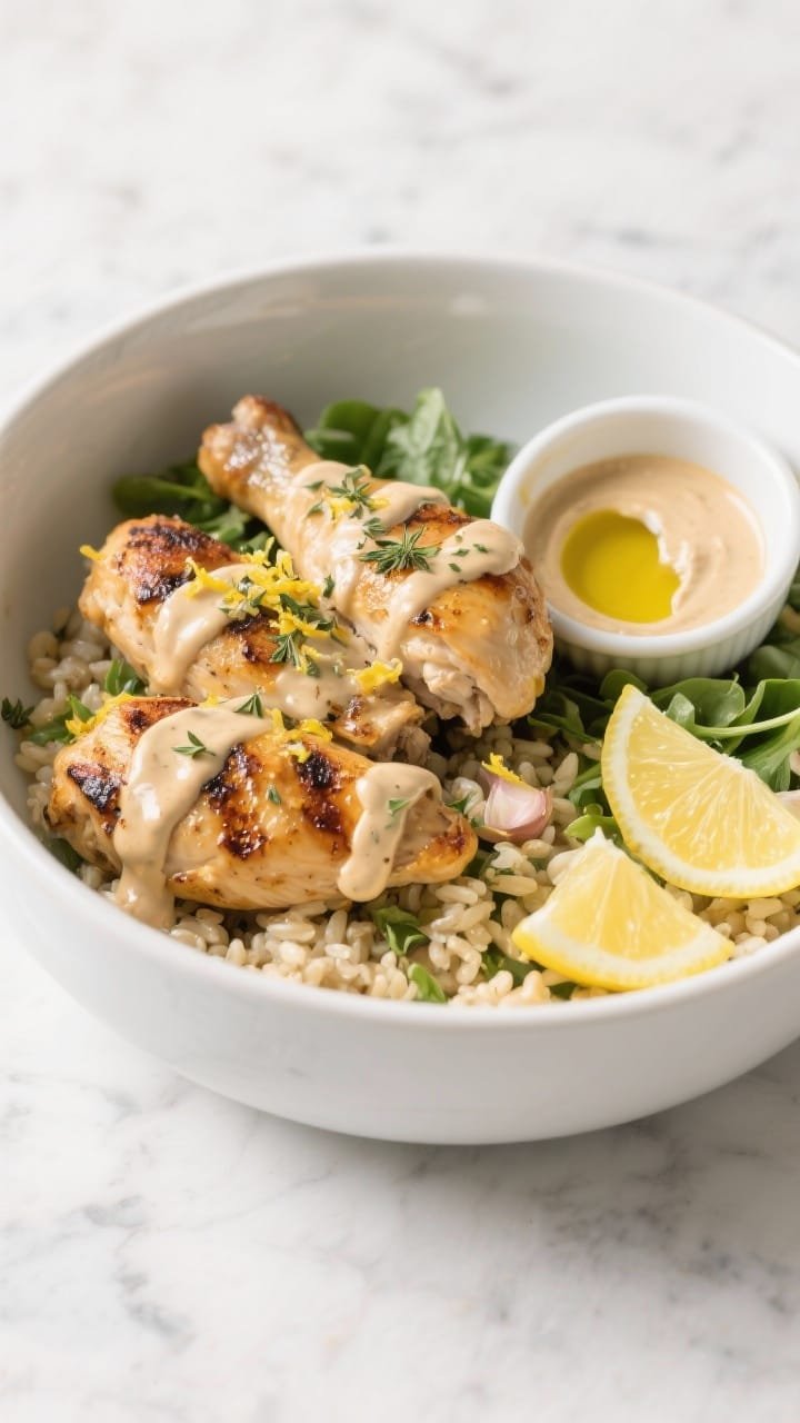 Overhead plated shot: A sunny Greek chicken bowl arranged in a wide white ceramic bowl on a light marble surface—juicy grilled boneless skinless chicken thighs with visible char, drizzled generously with glossy lemon-tahini sauce; accents of lemon zest, minced garlic, dried oregano and a hint of ground cumin on the chicken; bed of fluffy grains and crisp greens optional but minimal to keep focus on the chicken; olive oil sheen, lemon wedges, and a small ramekin of extra tahini drizzle on the side; bright Mediterranean color palette, clean styling, no people, natural daylight.