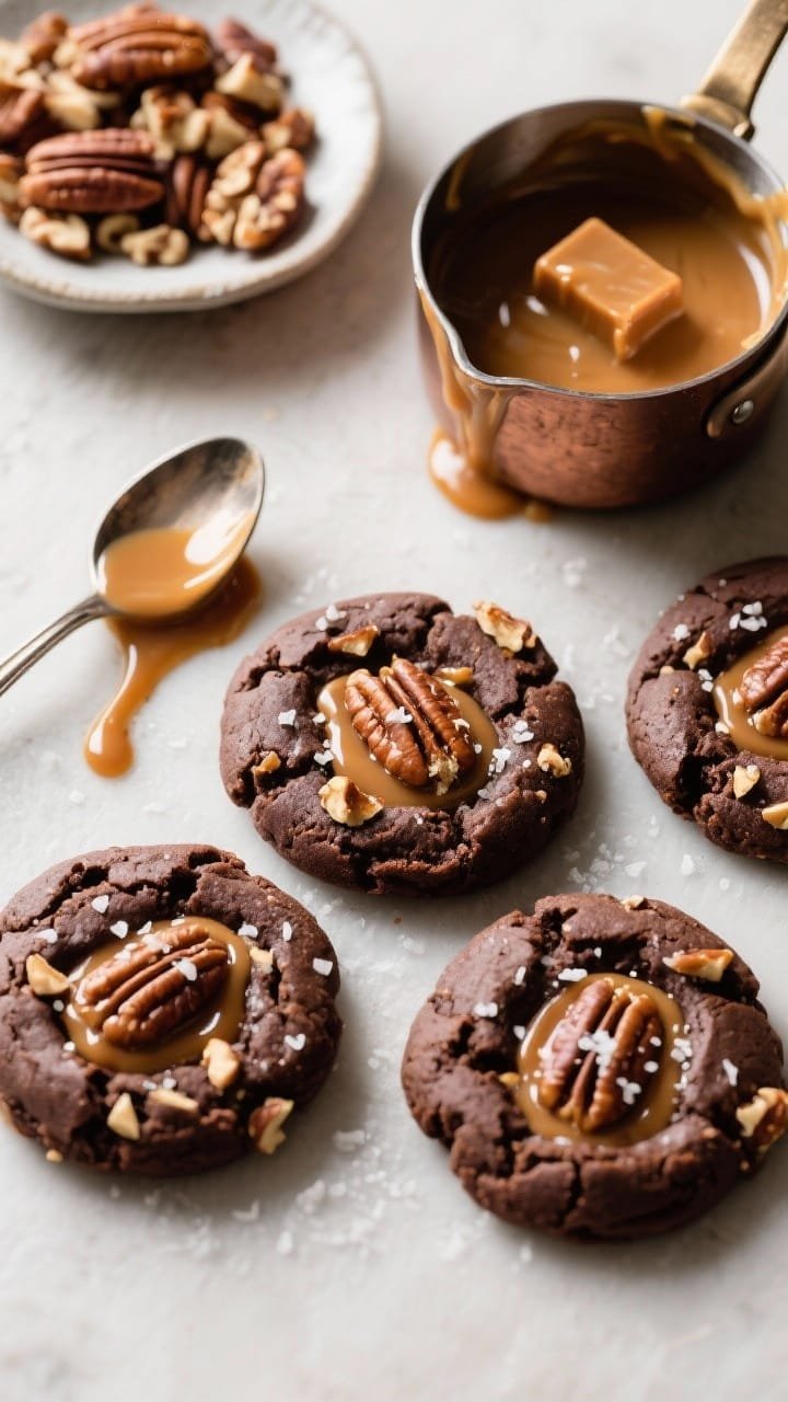 Overhead process-to-finish layout for Salted Caramel Turtle Cookies: chocolate fudge cookies with gooey caramel centers, sprinkled with finely chopped pecans and a pinch of flaky sea salt. Show a small saucepan of melted caramels with a splash of cream, a spoon trail of caramel, a dish of chopped pecans, and finished cookies glistening with caramel in the middle. Rich, dramatic lighting to accentuate glossy caramel and nutty crunch.