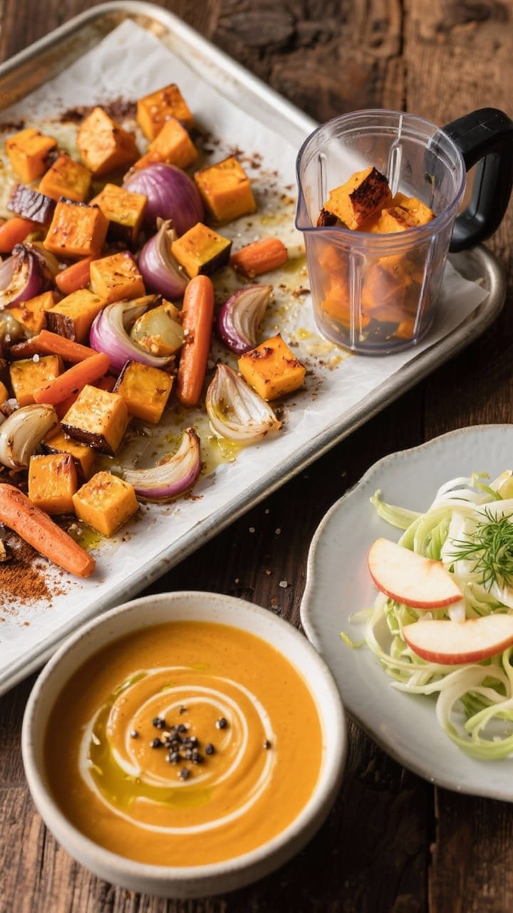 Overhead roasted ingredient tray transitioning to plated elegance: cubed butternut squash, chopped carrot, and quartered small onion tossed with olive oil, kosher salt, black pepper, and a dusting of warm ground spices (hint of cumin) on a parchment-lined sheet pan, caramelized edges. In frame, a blender jar with some roasted veg and a swirled, velvety orange soup in a bowl topped with a drizzle of olive oil and cracked pepper. A side plate holds a shaved apple-fennel salad with pale green fennel ribbons and crisp apple slices. Autumnal mood, warm light, rustic wood backdrop.