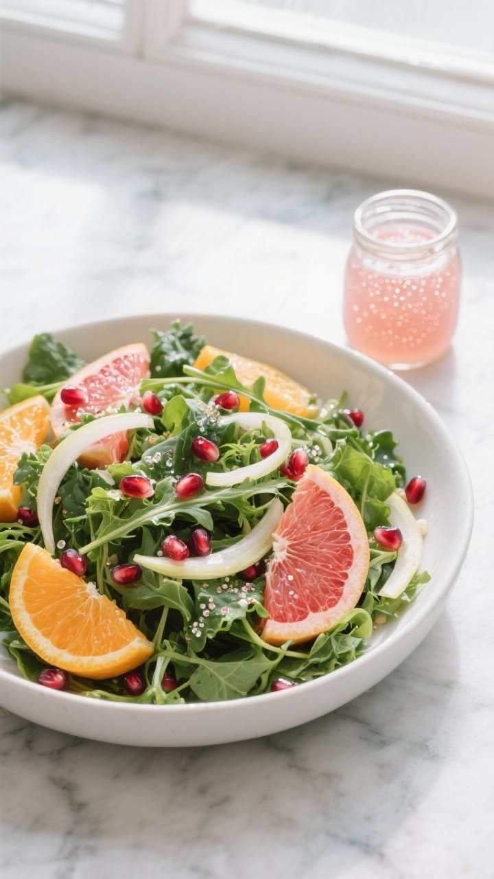 Overhead shot of a bright winter citrus salad in a wide white ceramic bowl: mixed winter greens (arugula, baby kale, frisée) piled high with navel orange and ruby grapefruit segments, thinly shaved fennel ribbons, and glittering pomegranate arils. A small glass jar of pale pink pomegranate-champagne vinaigrette with micro-bubbles sits to the side, a light drizzle catching the leaves. Cool natural window light, marble surface, minimal props, crisp and refreshing mood.