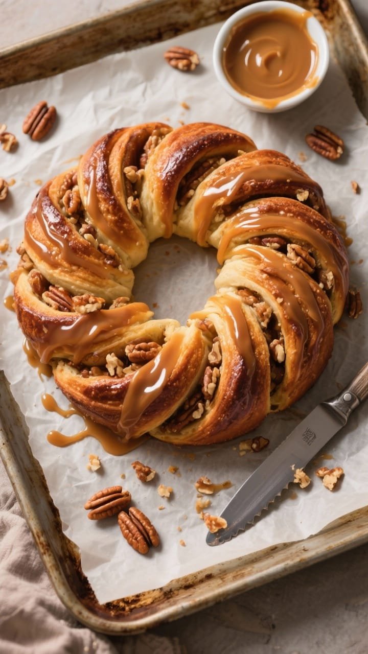 Overhead shot of a Caramel Pecan Babka Wreath centerpiece on a parchment-lined baking sheet: glossy, deeply burnished twists revealing ribbons of caramel and toasted pecans, drizzled lightly with extra caramel; scattered pecan halves and a small bowl of caramel sauce around; a serrated knife with a few flaky crumbs; warm directional light accentuating shine and swirl definition.