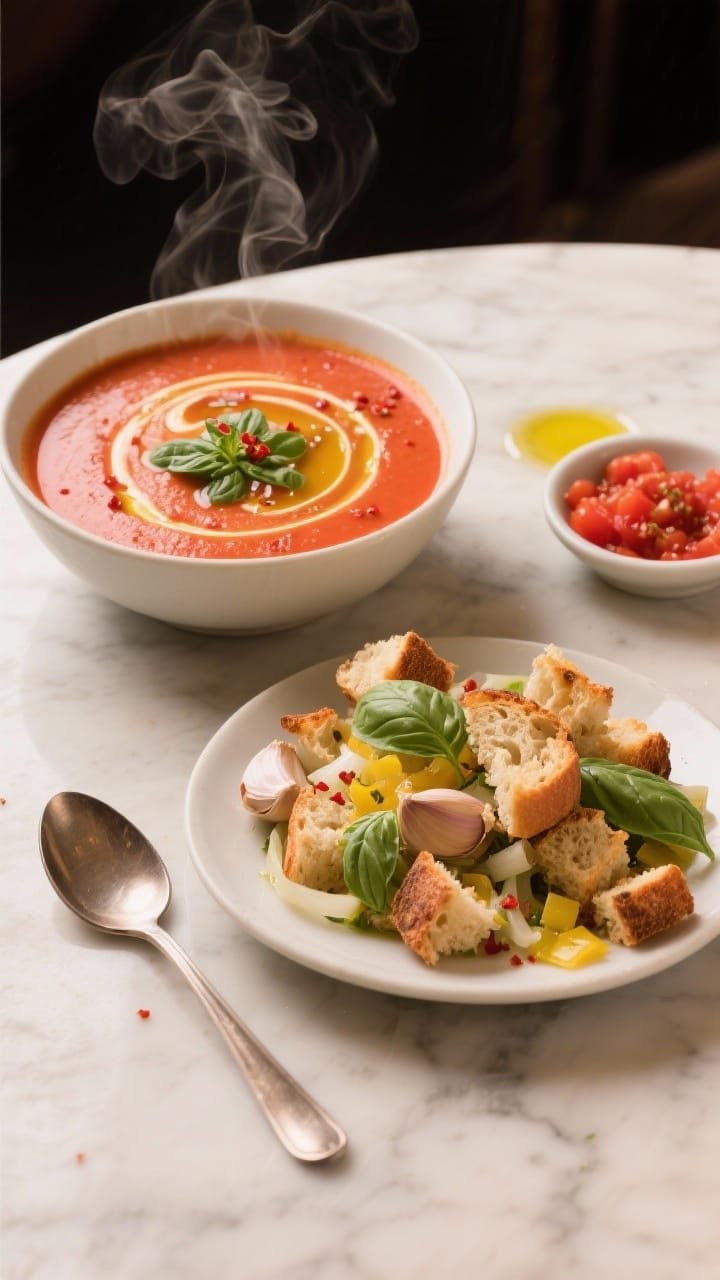 Overhead shot of a cozy Italian-inspired combo: a bowl of creamy tomato basil soup with a glossy surface, visible swirls of olive oil and butter sheen, flecks of red pepper flakes, and a dollop of tomato paste richness; next to it, a crunchy garlic bread salad with torn crusty bread croutons, chopped yellow onion, minced garlic toasted into the bread, and fresh basil leaves. Set on a marble surface with a spoon, a small dish of crushed tomatoes, and a drizzle of olive oil; warm red and green color palette, steam rising from the soup, professional soft daylight.