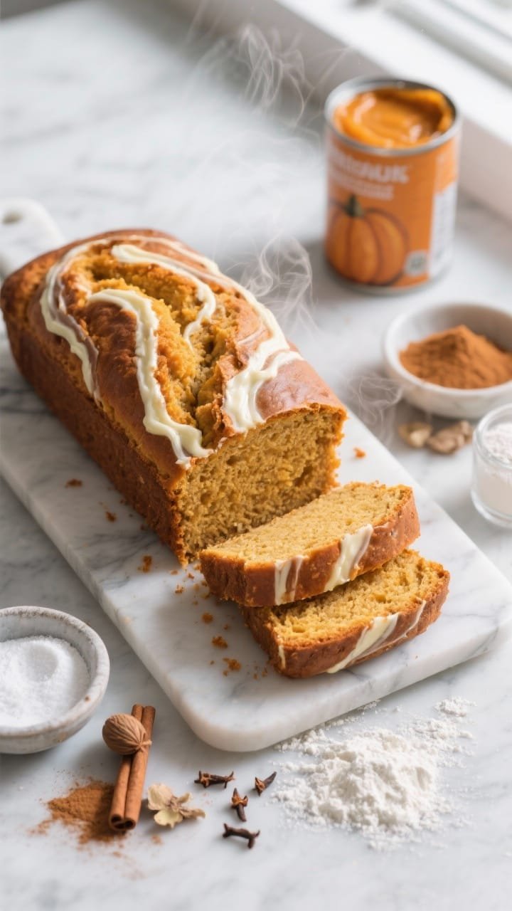 Overhead shot of a freshly baked pumpkin bread loaf with a dramatic cream cheese swirl running through each slice, set on a marble board. Visible warm spices: ground cinnamon, nutmeg, ginger, and a pinch of cloves sprinkled nearby; small bowls of baking soda and baking powder; a dusting of flour and a can of pumpkin puree in the background. Moist crumb emphasized with a sliced end piece, soft golden-orange interior, subtle steam, natural window light, minimal props, crisp textures.