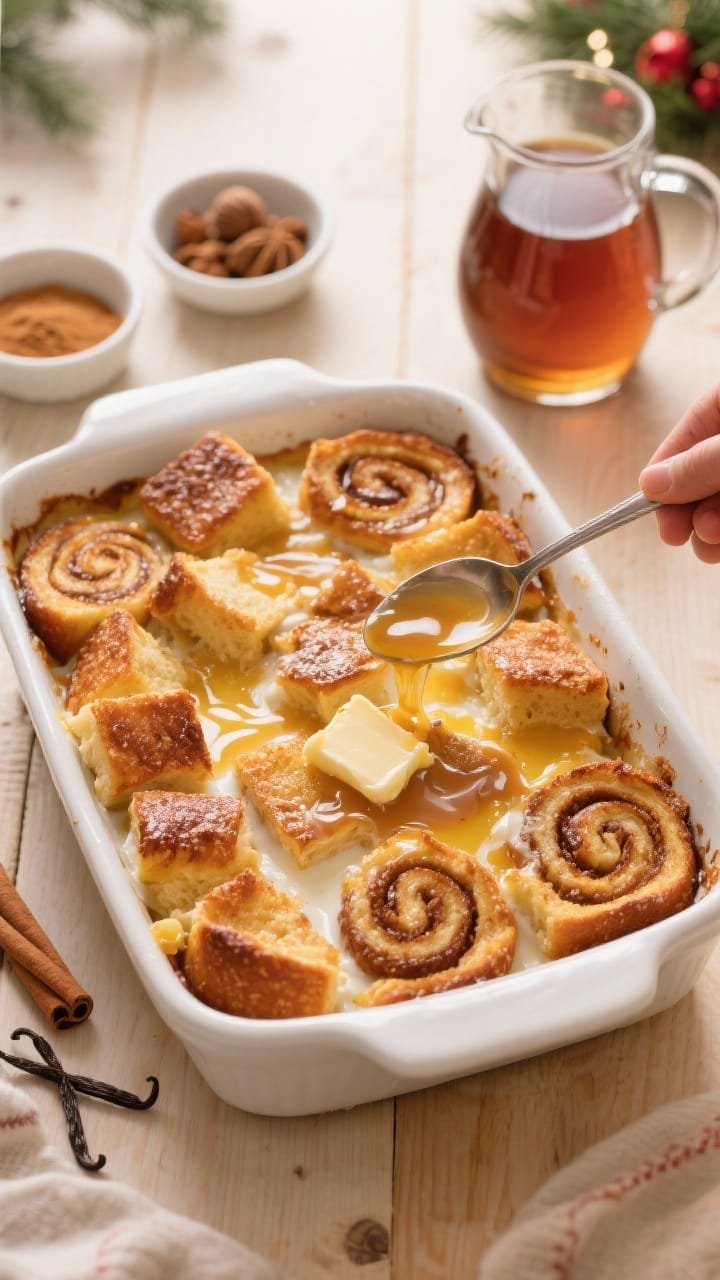 Overhead shot of a golden Baked Cinnamon Roll French Toast Casserole in a buttered white enamel baking dish, made with brioche/challah cubes soaked in an egg, whole milk, and heavy cream custard, cinnamon swirled throughout, edges caramelized. A warm maple–cream cheese drizzle is being spooned over the bubbling surface; visible pats of melted unsalted butter glisten. Surround with small bowls of ground cinnamon, nutmeg, vanilla, and a pitcher of maple syrup on a light wood table; soft morning light for cozy Christmas vibes.