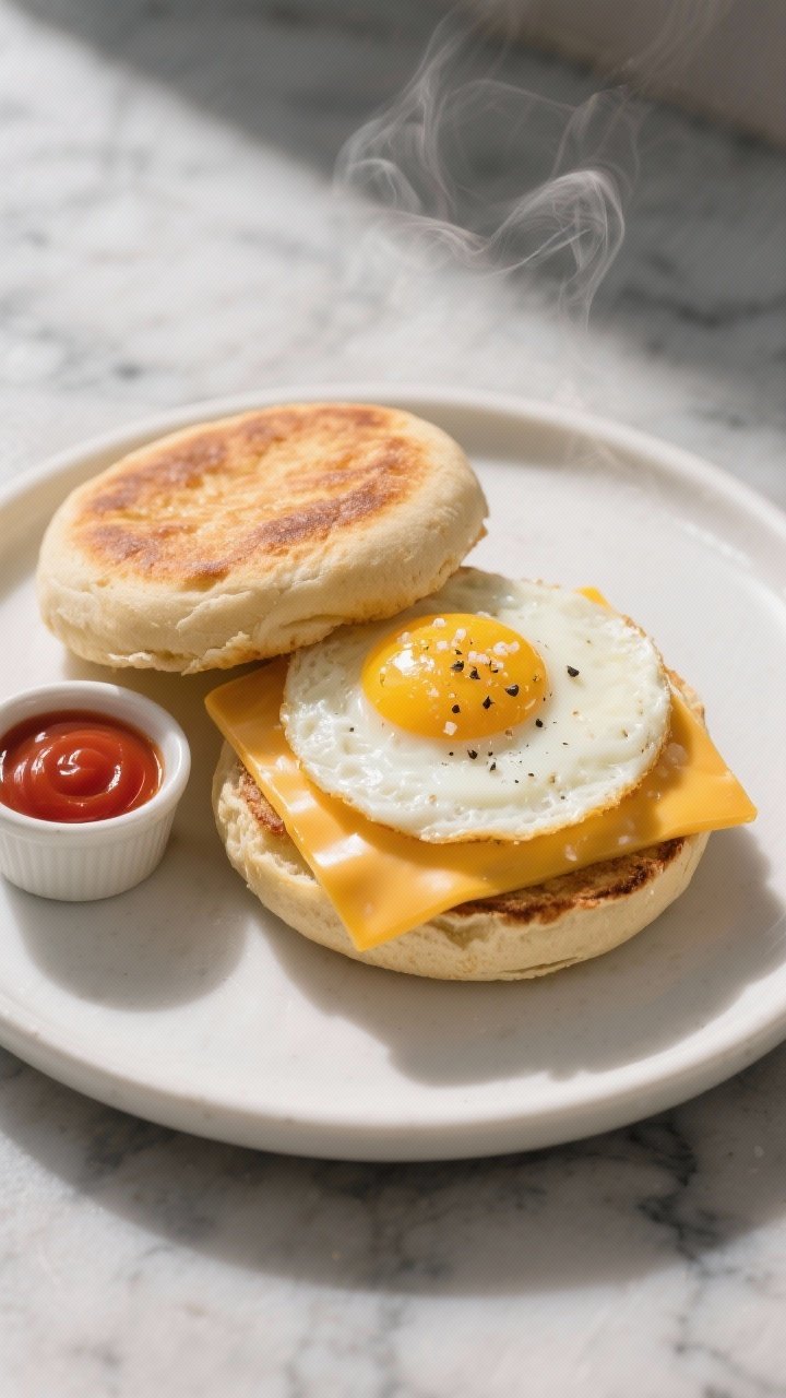 Overhead shot of a toasted English muffin breakfast sandwich on a small white plate: one half butter-glossed and crisp, the other topped with a just-set fried egg with runny yolk, a perfectly melted slice of sharp cheddar draping over the edges, flecks of salt and cracked black pepper, with a small ramekin of hot sauce and a dab of ketchup on a cool gray marble surface; warm morning light, shallow shadows, steam subtly rising.