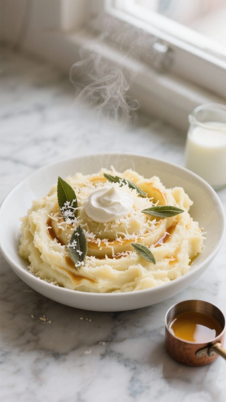 Overhead shot of Brown Butter Sage Mashed Potatoes in a wide, shallow white bowl: ultra-creamy Yukon Gold mash with visible swirls of brown butter, crisped sage leaves scattered on top, a generous snowfall of finely grated Parmesan “snow,” and a dollop’s sheen from sour cream; warm milk and a small saucepan of browned butter with sage leaves sit to the side on a marble surface; soft window light, shallow depth for velvety texture, steam gently rising.