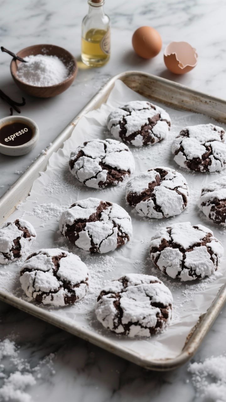 Overhead shot of Classic Crinkle Cocoa Snowdrifts fresh from the oven: cracked, powdered sugar–coated chocolate cookies with dark cocoa fissures and a light dusting of extra powdered sugar. Style a parchment-lined baking sheet on a cool marble surface. Include a small bowl of powdered sugar, a bottle of vanilla extract, neutral oil in a glass, two cracked eggshells, and a tiny dish labeled “espresso” as an optional hint. Moody winter lighting, crisp textures, high contrast between white sugar and deep chocolate.