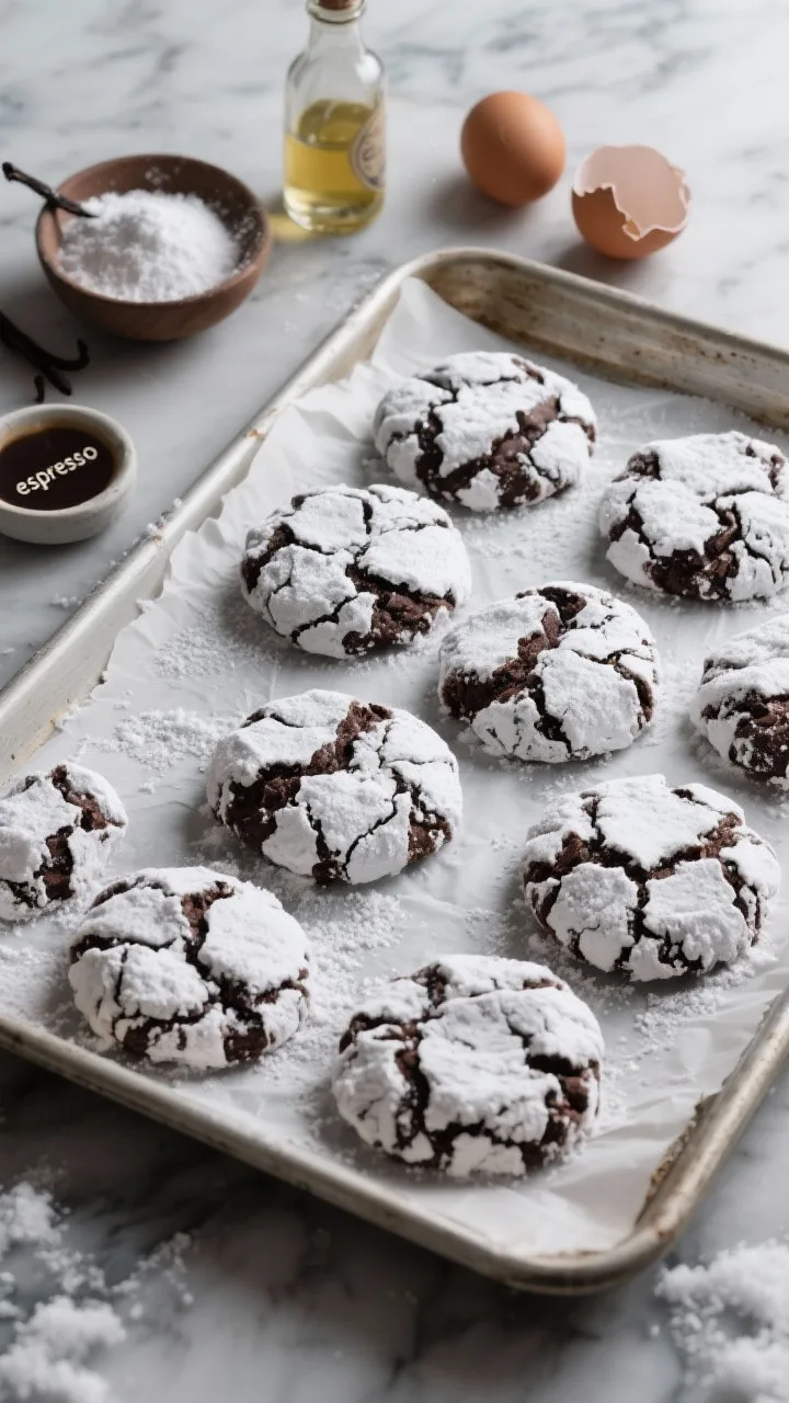 Overhead shot of Classic Crinkle Cocoa Snowdrifts fresh from the oven: cracked, powdered sugar–coated chocolate cookies with dark cocoa fissures and a light dusting of extra powdered sugar. Style a parchment-lined baking sheet on a cool marble surface. Include a small bowl of powdered sugar, a bottle of vanilla extract, neutral oil in a glass, two cracked eggshells, and a tiny dish labeled “espresso” as an optional hint. Moody winter lighting, crisp textures, high contrast between white sugar and deep chocolate.