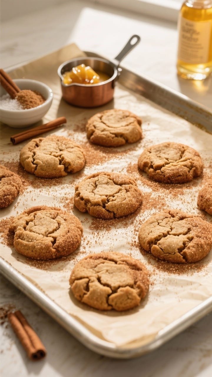 Overhead shot of freshly baked browned butter snickerdoodles on a parchment-lined baking sheet, each cookie coated in cinnamon-sugar sparkle with craggy, crackled tops; include a small bowl of granulated sugar mixed with cinnamon, a stick of browned butter in a tiny saucepan showing toasty milk solids, and a vanilla extract bottle; warm golden tones, soft window light, shallow shadows, crisp texture detail on the cinnamon-sugar crust.