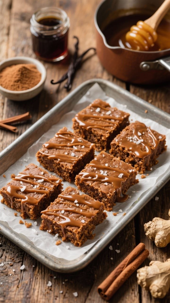 Overhead shot of freshly cut Brown Butter Gingerbread Bars on a parchment-lined metal tray, their glossy maple glaze drizzled in ribbons and sprinkled with a light dusting of flaky salt; visible ingredients nearby include a small bowl of brown sugar, a jar of dark molasses, whole vanilla beans, and a stick of browned butter in a saucepan; warm, cozy lighting highlighting the deep caramel-brown crumb and crackly glaze, styled on a rustic wooden table with cinnamon and ginger scattered for atmosphere.
