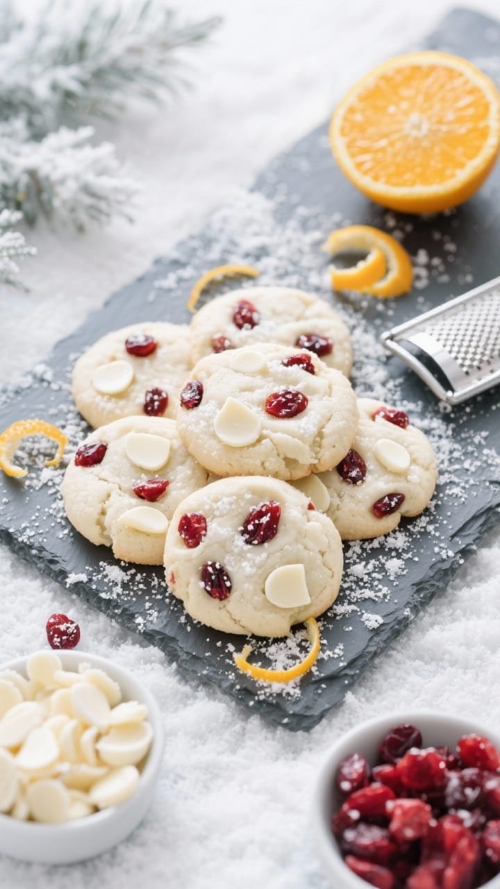 Overhead wintery scene of White Chocolate Cranberry Snowfall Cookies: pale vanilla cookies dotted with white chocolate chips and dried cranberries, finished with a light “snowfall” of powdered sugar and citrus zest curls. Present on a cool slate with a microplane and a zested citrus half (to suggest zest), bowls of white chocolate chips and dried cranberries nearby. Cool, crisp light to pop the red cranberries and creamy chips.