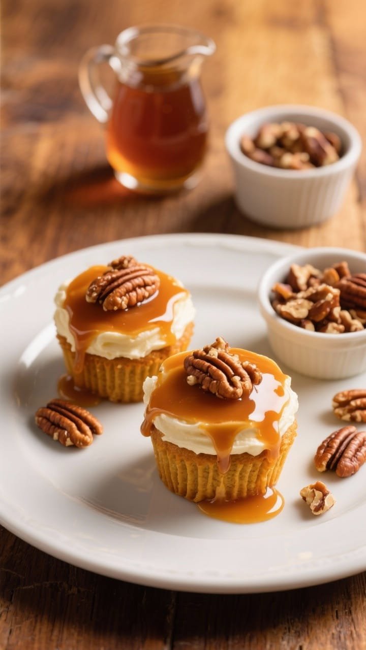Plated presentation of maple-glazed pumpkin cream cheese cupcakes topped with crunchy toasted pecans. Drips of amber maple glaze catching the light, creamy frosting peeking beneath the glaze. A small pitcher of maple syrup and a ramekin of chopped pecans nearby; warm walnut tabletop, golden-hour light, tight composition highlighting glossy glaze and nutty crunch.