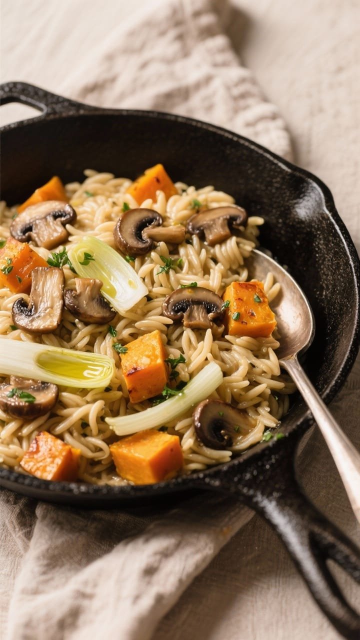 Plated vegetarian skillet presentation at a 45-degree angle: creamy orzo folded with sautéed cremini and mixed mushrooms, tender cubes of roasted butternut squash, and soft, translucent leek ribbons; glossy from divided olive oil, flecked with chopped herbs; orzo twirls and mushroom caps clearly visible; served in a black cast-iron skillet with a serving spoon, warm neutral linens, inviting autumnal color palette.