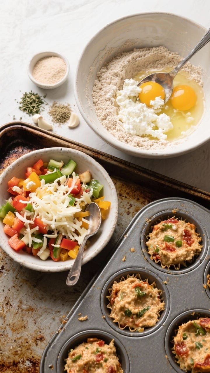 Process-focused overhead shot of veggie pizza muffins batter and assembly: mixing bowl with whole-wheat and all-purpose flours, baking powder, baking soda, sea salt, Italian seasoning, and garlic powder; another bowl with beaten eggs and cottage cheese being folded in; visible diced colorful veggies and shredded mozzarella ready to add; lined muffin tin partially filled with savory batter, a spoon mid-scoop; rustic sheet pan underneath, evoking wholesome, protein-boosted pizza flavors.