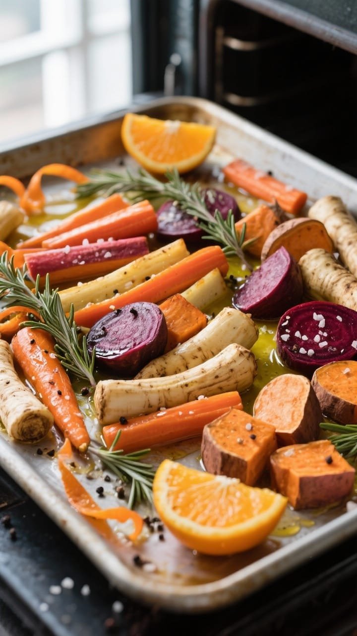 Rustic sheet-pan ingredient-to-oven scene at a 45-degree angle: a rainbow root medley of carrots and parsnips cut into 1-inch batons, beet wedges, and sweet potato chunks, all slicked with olive oil; scattered rosemary sprigs, orange zest ribbons, and a few orange wedges ready to roast. Coarse salt and black pepper sprinkled over, pre-roast gloss and natural colors emphasized, raw-to-cook anticipation with directional window light.