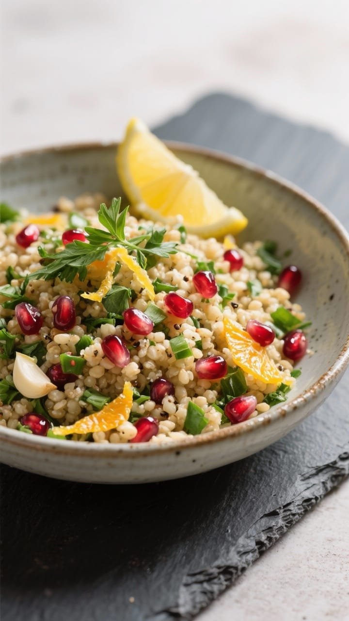 Straight-on bowl shot of winter tabbouleh: fine bulgur fluffed and flecked with chopped herbs, ruby pomegranate seeds, lemon zest, and a citrusy blend of lemon and orange juice with a hint of grated garlic and ground cumin. Garnish of extra herbs and a wedge of lemon at the rim, slight sheen from olive oil. Ceramic bowl on a slate board, bright yet cozy lighting, emphasizing freshness and citrus aroma.