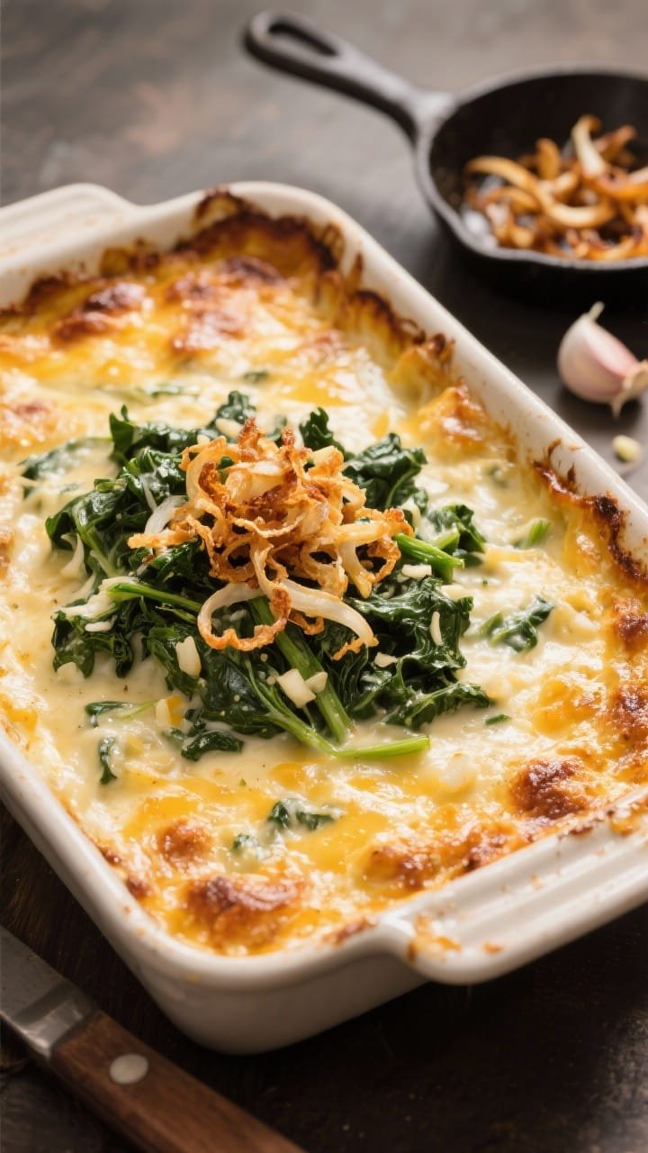 Straight-on casserole shot of Creamed Greens Gratin: a golden, bubbling surface of Gruyère-studded creamed spinach and Tuscan kale with crispy fried shallots piled in the center; edges browned and cheesy pull visible; minced garlic and a skillet of just-fried shallots off to the side; rich, cozy lighting, emphasizing creaminess and crunch contrast.