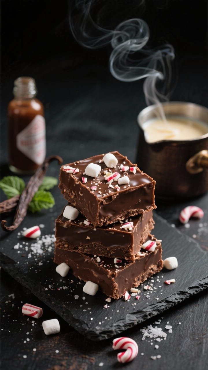 Straight-on close-up of Peppermint Hot Cocoa Fudge squares stacked on a matte black slate, the dense, glossy chocolate surface studded with crushed peppermint candy and mini marshmallows; a small pot with melted semi-sweet chocolate and sweetened condensed milk in the background, curls of steam faintly visible; include a vanilla pod and peppermint extract bottle for context, with coarse salt grains sparkling; dramatic, moody lighting to emphasize the silky texture.