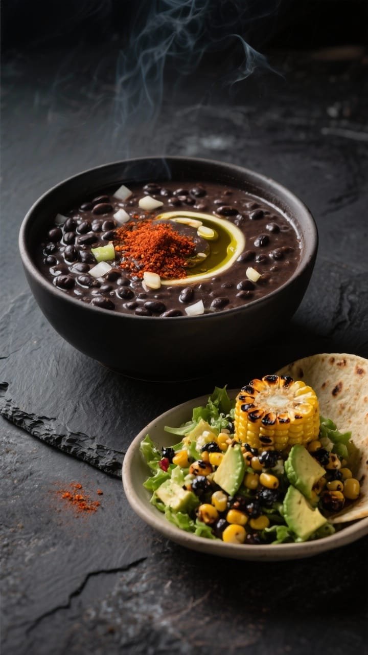 Straight-on, hearty presentation of smoky black bean soup with a vibrant salad side: a deep bowl filled with thick, glossy black bean soup simmered with diced onion, minced garlic, ground cumin, smoked paprika, and chili powder, garnished with a swirl of olive oil and a sprinkle of chili powder. Next to it, a charred corn–avocado salad mounded in a shallow dish, with visible blackened corn kernels and creamy avocado chunks. Dark slate surface, contrasty lighting to emphasize the smoky theme, no tortillas, just the bold colors and textures.