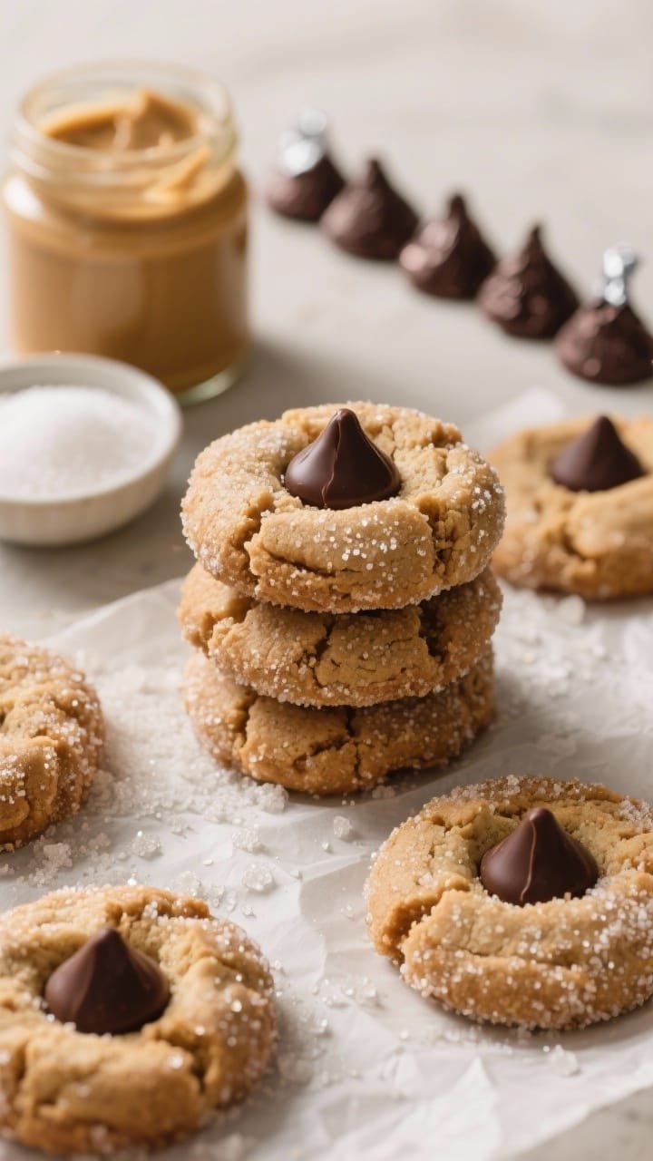Straight-on hero shot of Peanut Butter Blossom Cheater Cookies: crackly peanut butter cookies rolled in granulated sugar with dark chocolate kisses pressed in the centers. Stack a few and leave several on parchment, sugar crystals sparkling. Include a jar of creamy peanut butter, a small dish of sugar, and a row of unwrapped chocolate kisses in the background. Warm, inviting light highlighting the contrast of matte cookie and glossy chocolate.