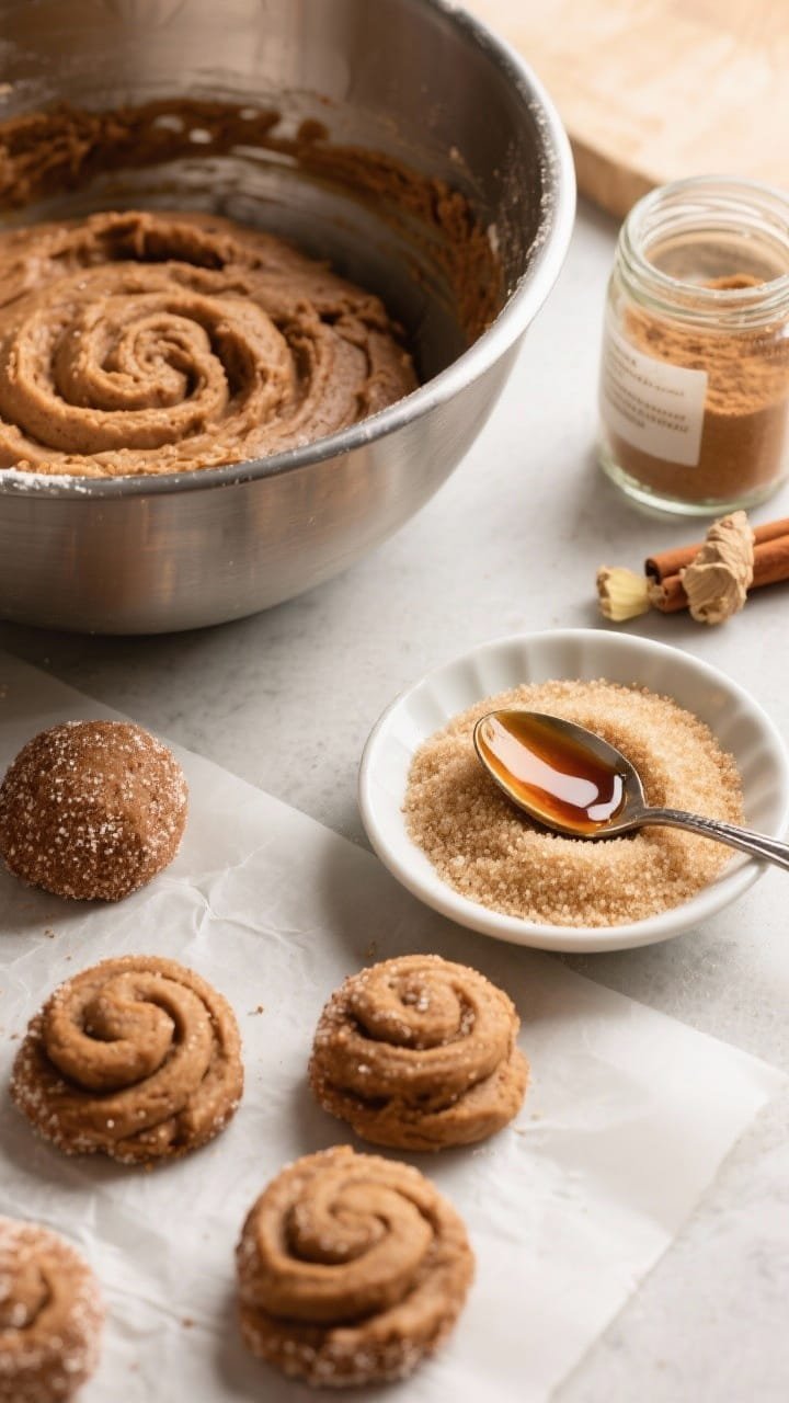 Straight-on ingredient-prep shot for Gingerbread Snickerdoodle Swirls: a mixing bowl of spice cake mix dough enriched with molasses and ground ginger, alongside a shallow dish of granulated sugar mixed with ground cinnamon for rolling. Include a spoon drizzled with molasses, a jar of ground ginger, and visible cinnamon. Show a few dough balls partially rolled—some plain, some coated—on parchment. Soft, warm light emphasizing brown sugar spice tones and textured dough.