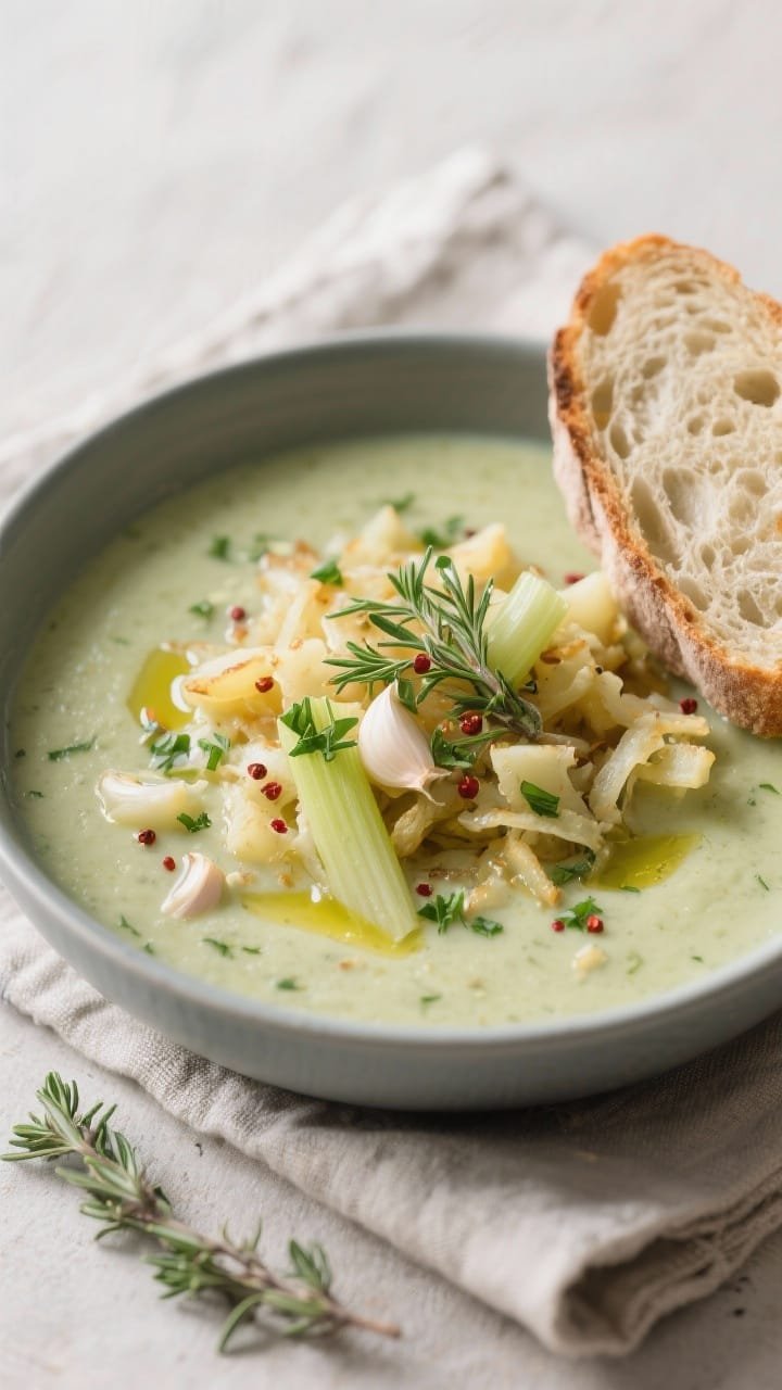 Straight-on plated presentation of a cozy vegan hashbrown potato soup with garlic and herbs, 30-minute stovetop. Silky, pale-green-tinted broth from sautéed leeks in olive oil, with minced garlic, dried rosemary, thyme, and a pinch of red pepper flakes; tender shredded or cubed hashbrowns visible. Drizzled with extra-virgin olive oil, topped with chopped fresh parsley and cracked pepper. Set in a minimalist matte bowl on a light linen, sliced crusty bread beside it. Clean, natural light, soft shadows, herb-forward aroma conveyed through styling, no dairy or animal products in sight.