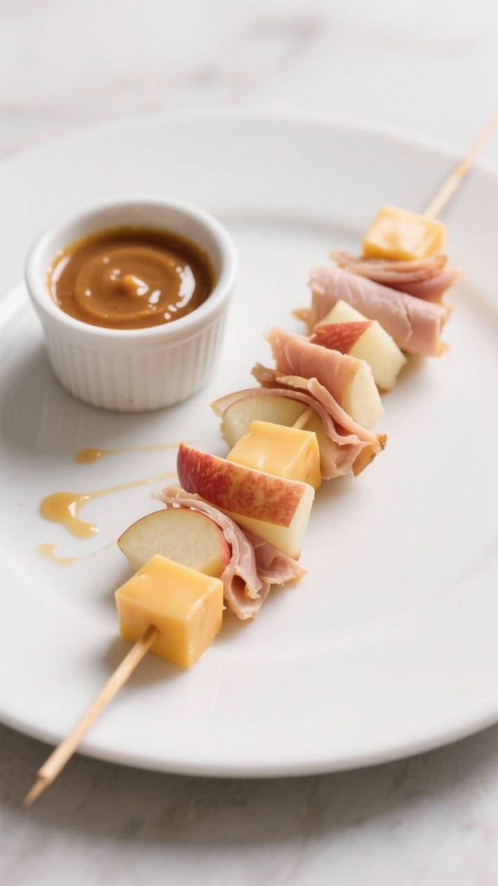 Straight-on plated presentation of mini turkey-apple cheddar skewers with maple-mustard dip: short skewers threaded with folded strips of deli turkey, small cubes of crisp Honeycrisp or Gala apple, and sharp cheddar cheese cubes, alternated for color; arranged in a neat row on a matte white plate with a ramekin of glossy maple-mustard dip beside them; tiny drizzle trails leading from the ramekin; crisp, clean background to emphasize fresh, protein-packed bites.