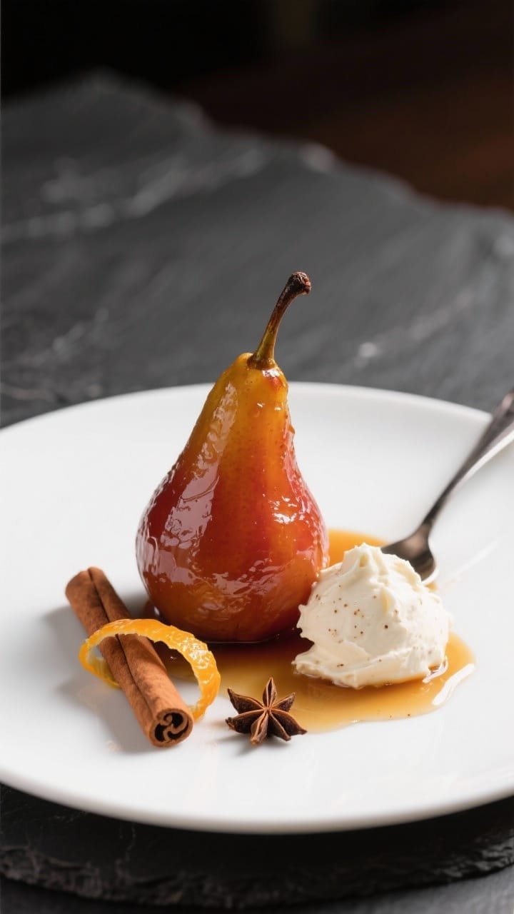 Straight-on plated presentation of Spiced Poached Pears standing upright with stems on, their skins translucent and jewel-toned from poaching; nestled beside a quenelle of vanilla bean mascarpone showing visible specks; poaching syrup spooned around with curls of orange peel, a cinnamon stick, and two cloves for garnish; clean, minimalist white plate on a dark slate surface for contrast, soft spotlight highlighting gloss.