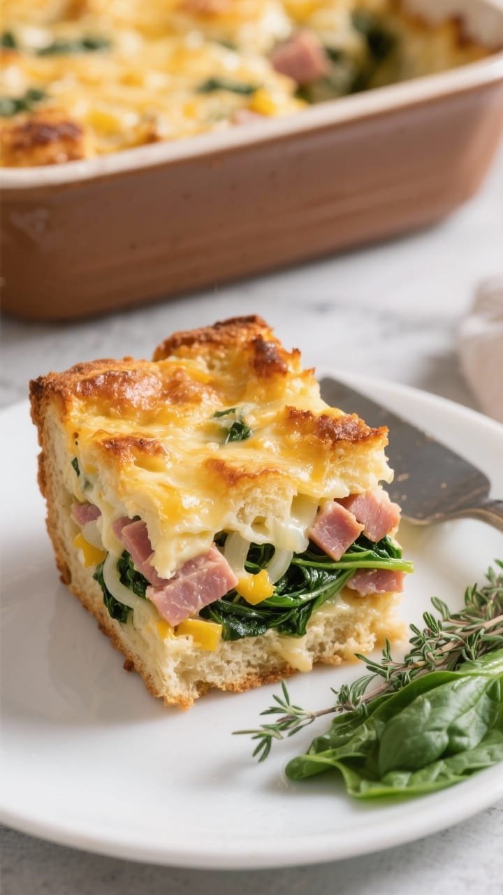 Straight-on plated slice of Overnight Ham, Gruyère, and Spinach Strata, revealing layers: custard-soaked cubes of day-old French bread/sourdough, diced cooked ham, ribbons of sautéed baby spinach with finely chopped yellow onion, and pockets of melted Gruyère. The casserole slice stands tall with golden, puffed top and crisp edges, served on a simple white plate with a side pile of fresh spinach and thyme. Background shows the full baking dish with browned surface and a serving spatula; morning light highlights the custard set and cheesy pull.