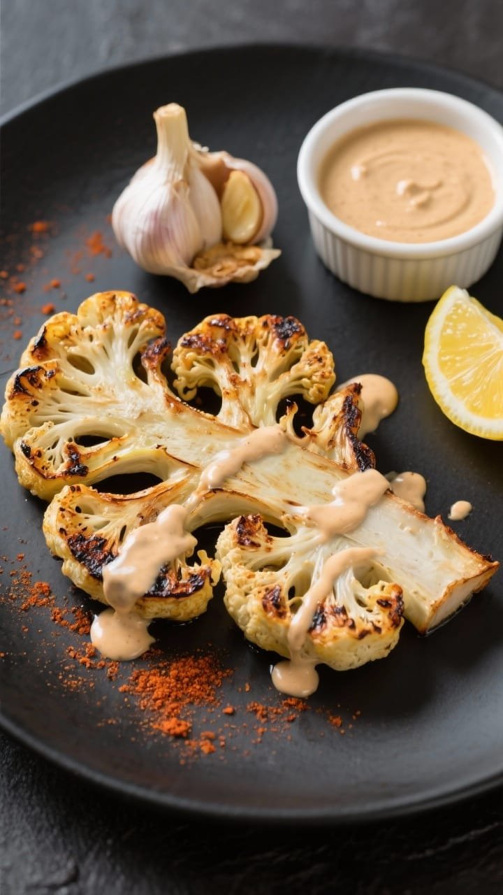 Straight-on plating of Roasted Garlic Cauliflower “Steaks” on a matte black plate: thick cauliflower slabs with charred edges, dusted with smoked paprika, drizzled generously with silky lemon-tahini sauce; roasted garlic head squeezed slightly with cloves visible, lemon wedge, and a ramekin of tahini sauce to the side; clean, modern styling, high clarity to showcase caramelization and creamy drizzle.