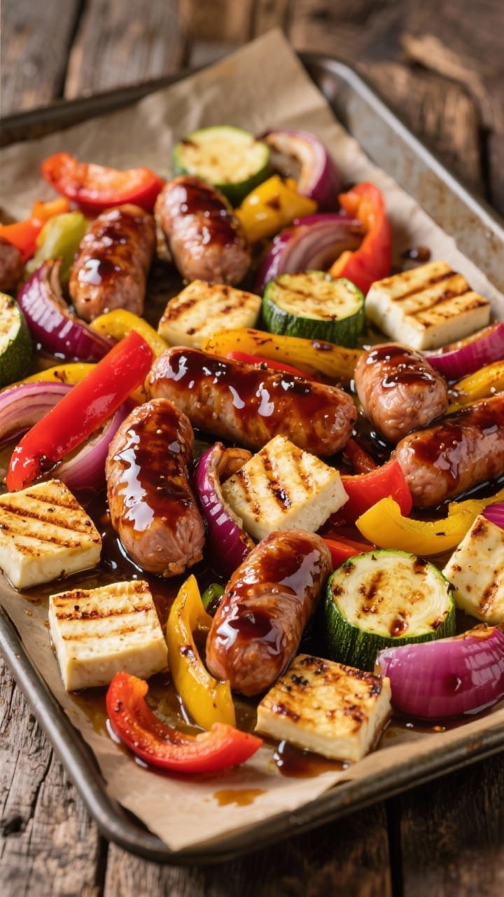 Straight-on sheet-pan feast: sticky balsamic-glazed chicken sausage pieces caramelized at the edges, mingled with rainbow veg—red and yellow bell pepper strips, red onion wedges with charred tips, zucchini half-moons—tossed and glossy; golden seared halloumi cubes nestled throughout, grill marks visible; glaze pooling in spots, high-contrast lighting to emphasize sheen and texture; parchment-lined pan on rustic wood for a casual, vibrant weeknight vibe.