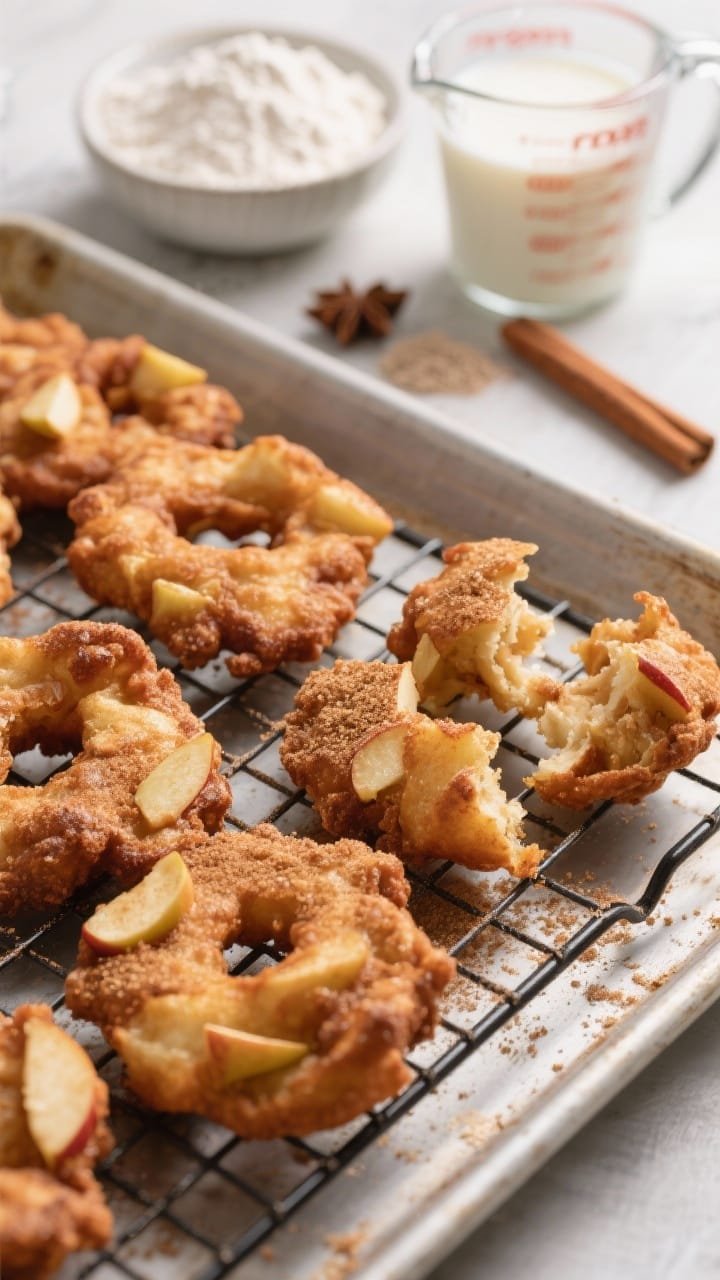 Straight-on shot of apple fritters on a cooling rack over a sheet pan: irregular, craggy fritters studded with apple chunks, fried to deep golden brown, dusted with cinnamon sugar; a small bowl showing flour, baking powder, kosher salt, cinnamon, nutmeg, and a measuring cup of milk in the background; one fritter torn open to reveal tender interior; bright yet warm light to highlight texture.