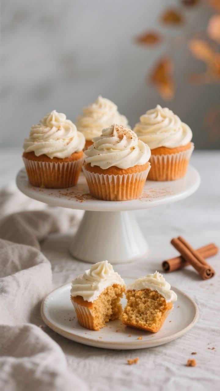Straight-on shot of cream cheese–frosted pumpkin cupcakes arranged on a cake stand, piped with plush swirls that look cloud-like. Soft orange crumb peeking beneath the frosting, light sprinkle of cinnamon on top. Shallow depth of field, airy fall mood with muted linens and a few cinnamon sticks in the background. One cupcake cut in half on a small plate to show tender crumb.