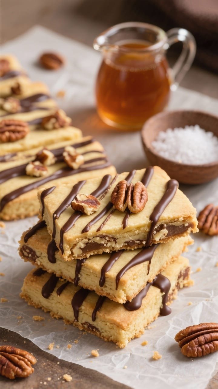 Straight-on shot of maple pecan shortbread bars cut into neat rectangles, drizzled with thin ribbons of dark chocolate; visible toasted pecan pieces in the buttery shortbread, a small pitcher of pure maple syrup, and a pinch bowl of fine sea salt; bars stacked slightly off-kilter on parchment for crumb detail; warm, inviting lighting with sharp focus on the chocolate sheen.