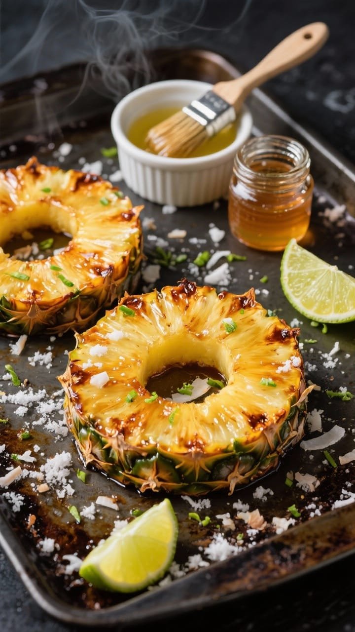 Straight-on shot of roasted honey-lime pineapple spears caramelized on a sheet pan, edges bronzed and glistening, finished with fresh lime zest confetti and a shower of “coconut snow” (unsweetened shredded coconut); a brush with melted coconut oil in a ramekin, halved lime with visible juice, and a small jar of honey to the side; bright tropical vibe with high contrast and a hint of steam, set on a dark baking tray for color pop.
