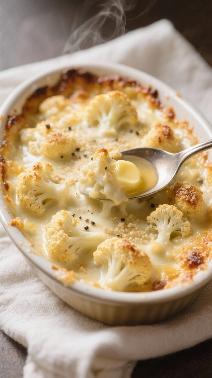 Straight-on, spoon-in close-up of creamy baked cauliflower gratin in a shallow oval gratin dish: bite-size cauliflower florets blanketed in a bubbling Gruyère and Dijon cream sauce, edges browned and slightly blistered, fine pepper flecks and a light breadcrumb top catching golden highlights. A small pat of melted butter pooling at the rim, subtle steam, clean linen underneath for cozy elegance.