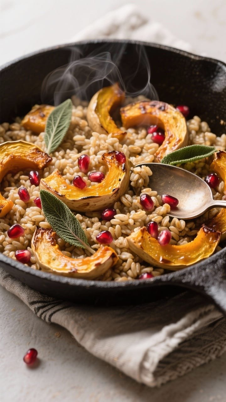 Warm process shot at 45 degrees: a shallow skillet with nutty pearled farro tossed with roasted delicata squash crescents (caramelized edges), brown butter pooled with toasted sage leaves, and a finishing sprinkle of pomegranate arils. Steam rising subtly, golden-brown tones contrasted by ruby pomegranate and green sage. Cast-iron skillet on a linen, spoon just resting in the grains, inviting and hearty.