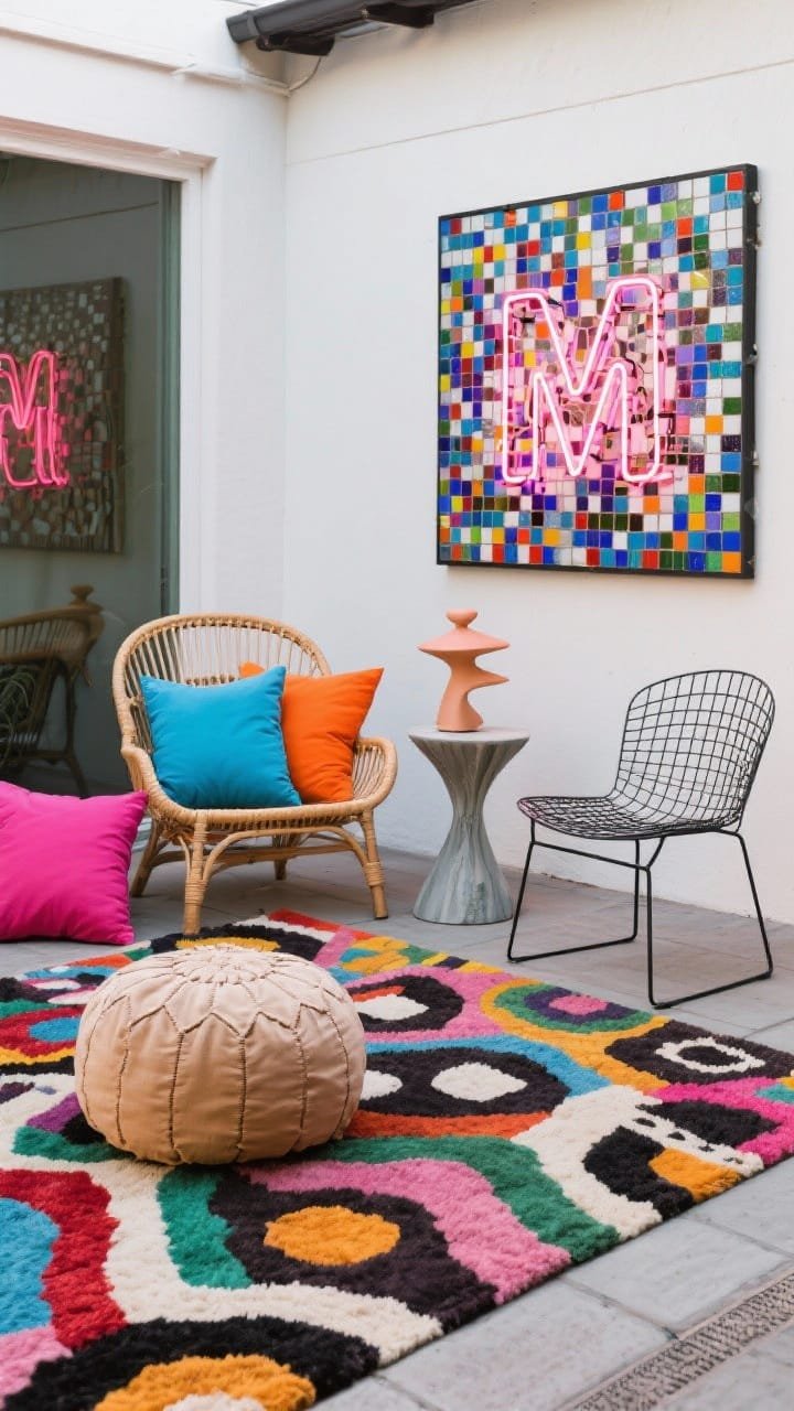 Artistic eclectic patio medium shot: bold patterned outdoor rug (abstract/Memphis-inspired) anchoring mixed seating—a cane lounge chair, mid-century wire chair, and plush pouf. Weatherproof art print or mosaic wall panel mounted outdoors, bright pillows in cobalt, tangerine, and fuchsia. Neon-style LED sign adding playful light, sculptural side table as functional art.