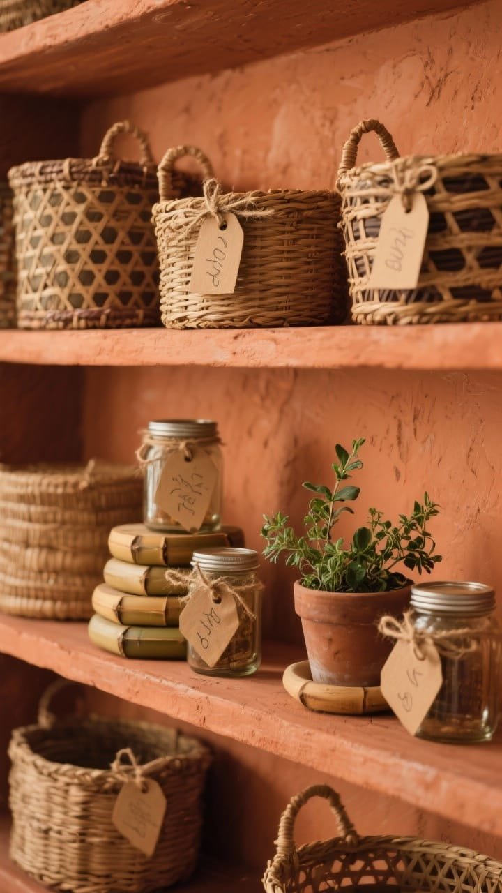 Closeup detail of an earthy boho shelf: terracotta-painted wall behind shelves, rattan baskets with varied weave patterns, stackable bamboo risers creating levels for jars and cans, handwritten kraft tag labels tied with twine, and a small potted herb adding soft greenery; warm, cozy lighting emphasizing terracotta and natural materials.